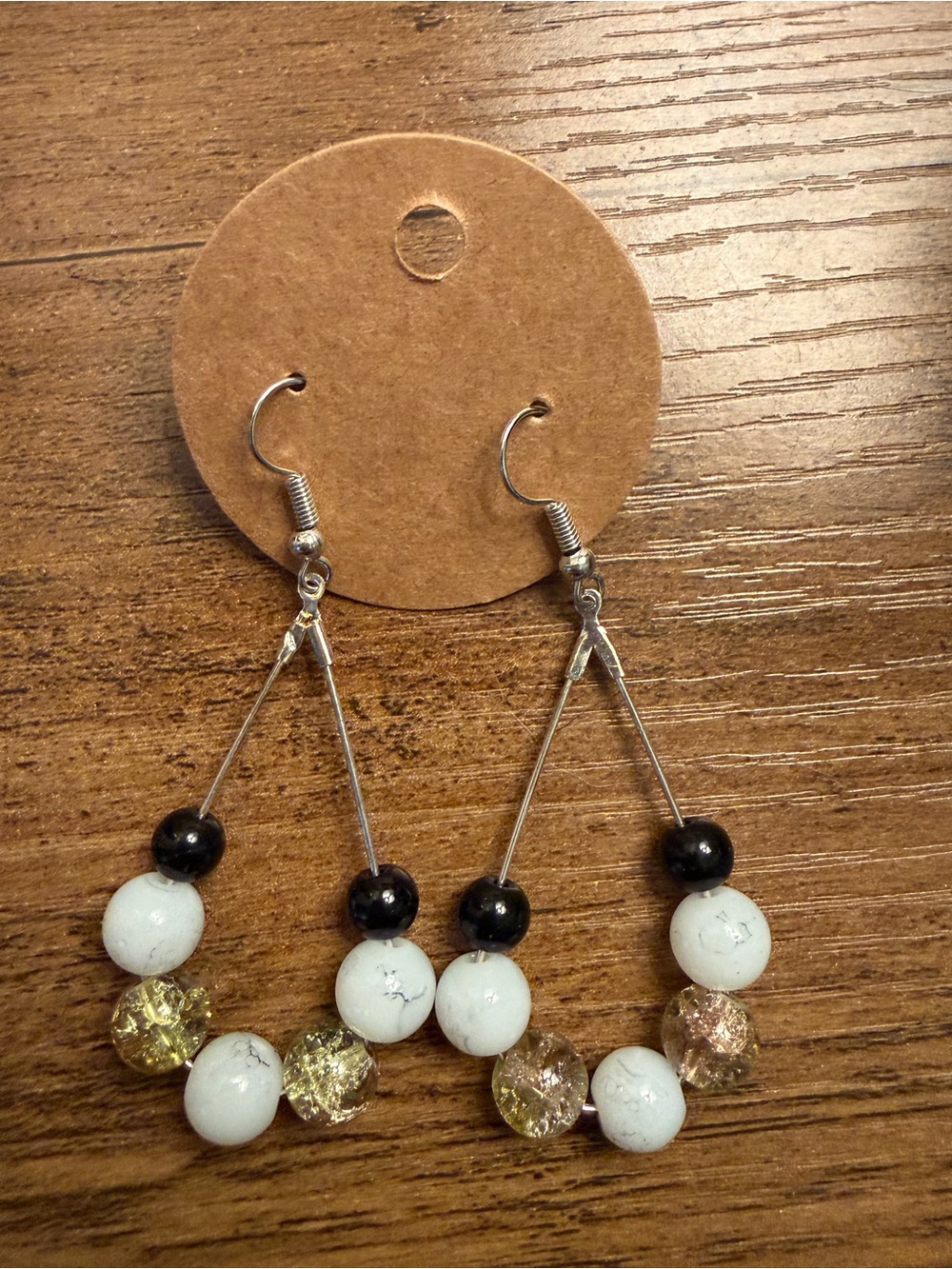 Silver-Tone Drop Earrings with White, Black and Gold Beads - Unbranded